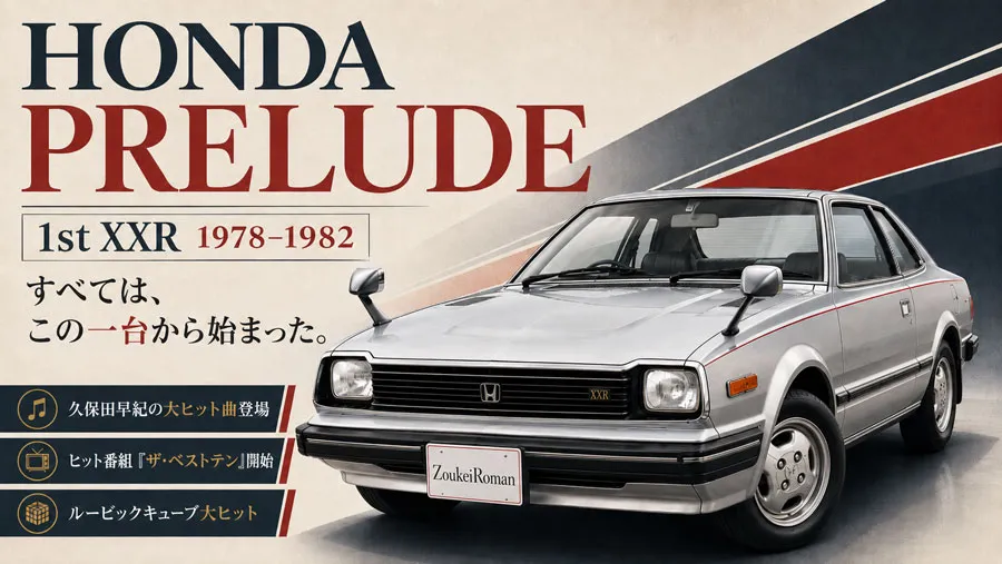 初代ホンダ・プレリュードXXRのシルバー車を大きく描いた1978年から1982年の特集アイキャッチ