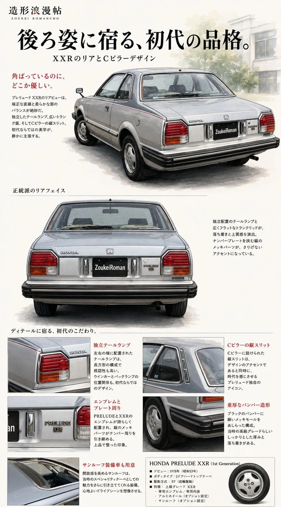 独立したテールランプとCピラーの縦スリットを見せる初代プレリュードXXRのリアビュー