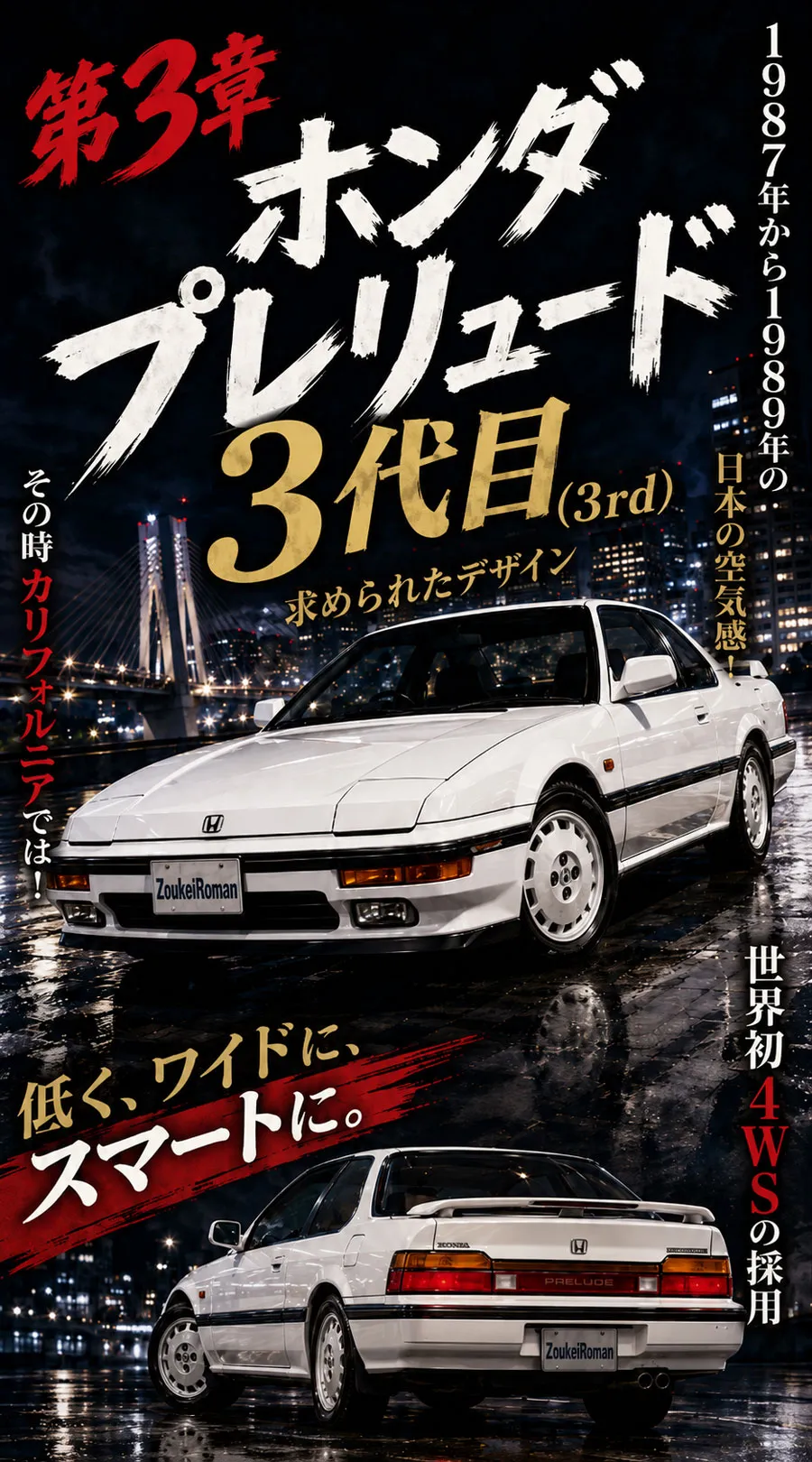 夜の都市を背景にした白いホンダ・プレリュード3代目前期型の表紙