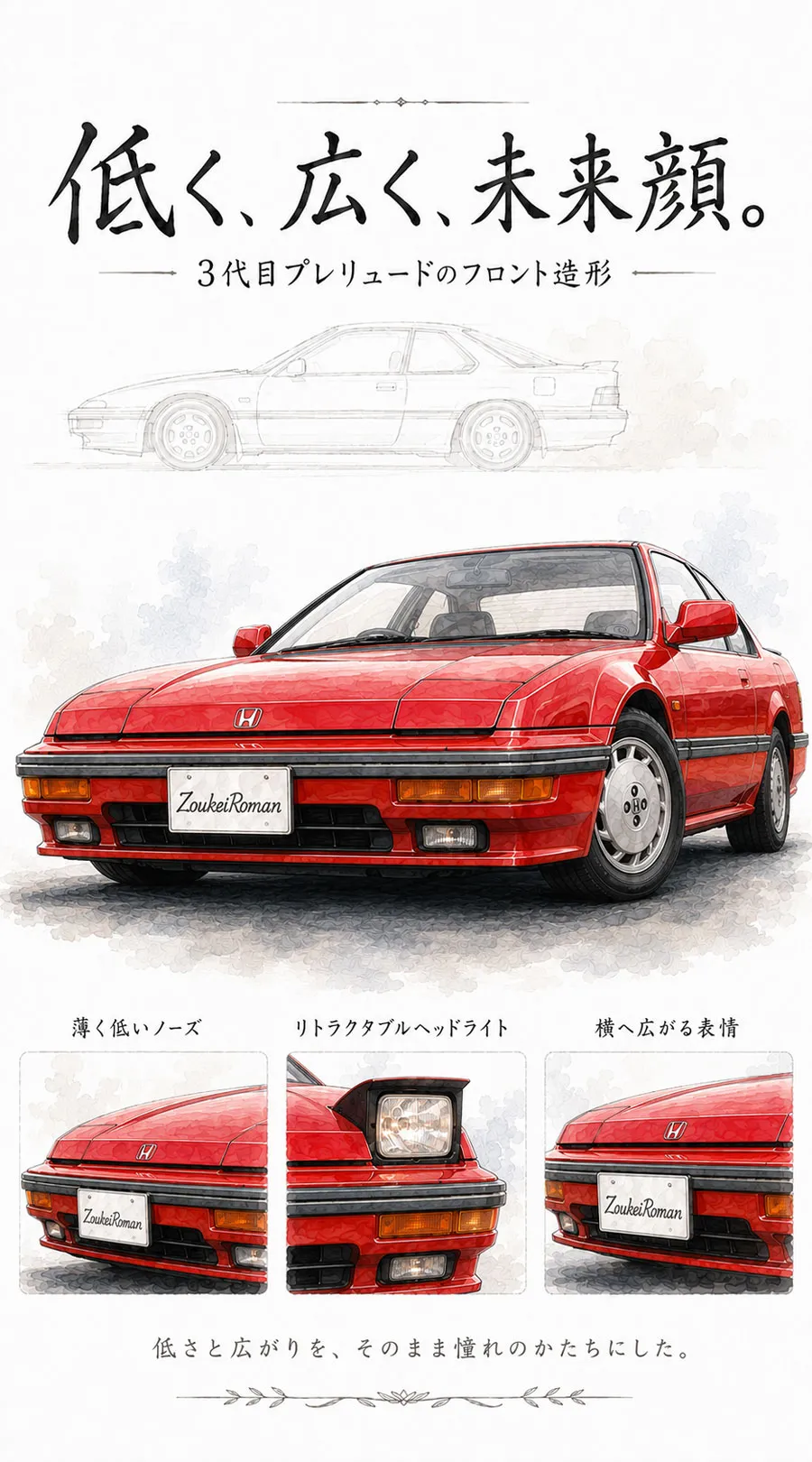 赤いホンダ・プレリュード3代目前期型の低くワイドなフロント造形