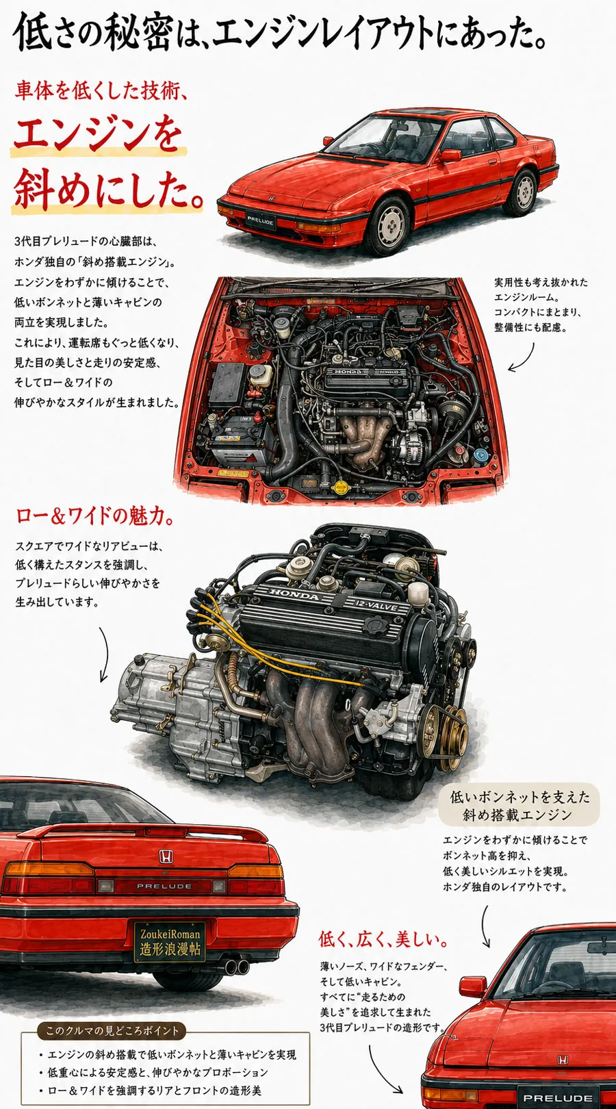 ホンダ・プレリュード3代目前期型の後傾エンジンと低いボンネットの解説