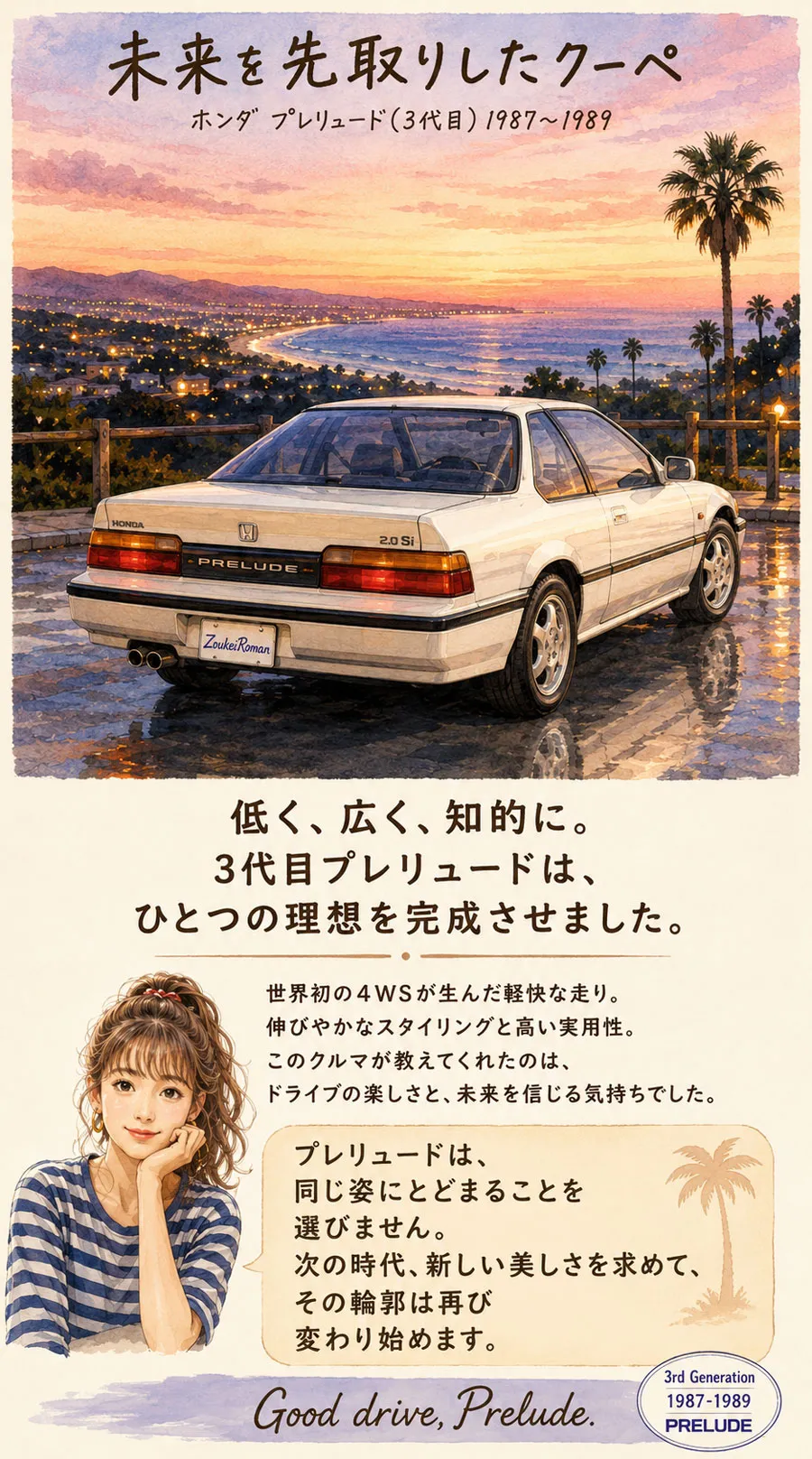 夕暮れの海岸に停まる白いホンダ・プレリュード3代目前期型のまとめ画像