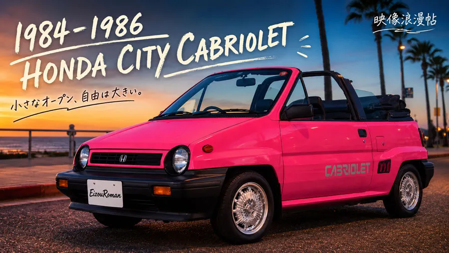 夕暮れの海辺に停まるジョイフルピンクのホンダ シティ カブリオレ 1984年モデル