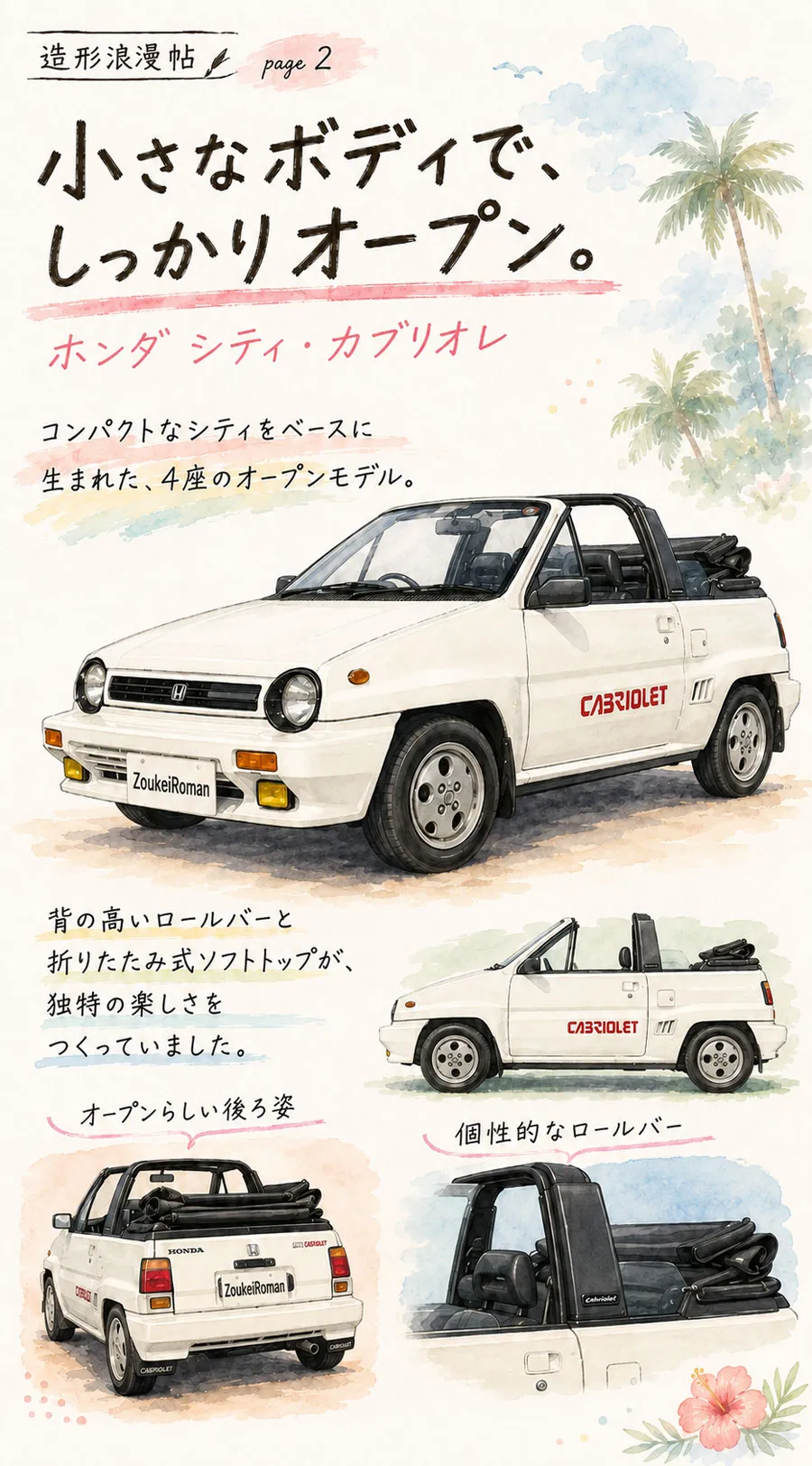 白いホンダ シティ カブリオレの外観とオーバーヘッドバーを紹介する図解
