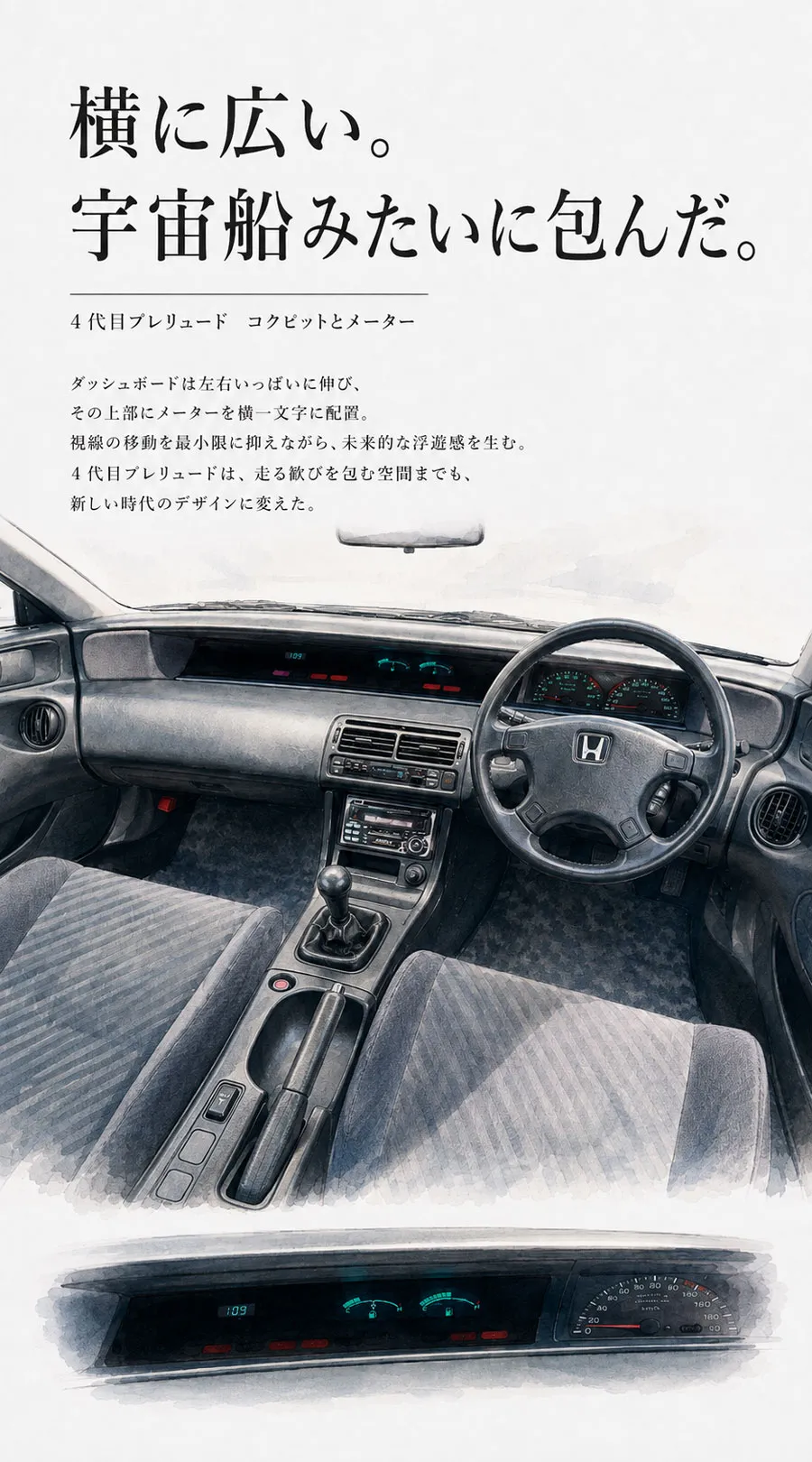 運転席側から見た4代目ホンダ・プレリュードのコクピットと横長メーターのイラスト