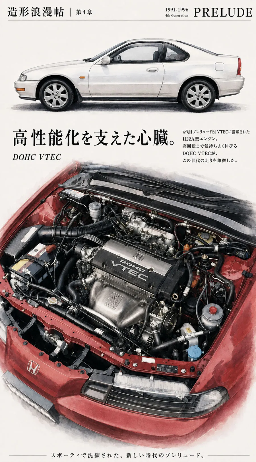 4代目ホンダ・プレリュードのH22A型DOHC VTECエンジンとサイドビューを組み合わせたイラスト
