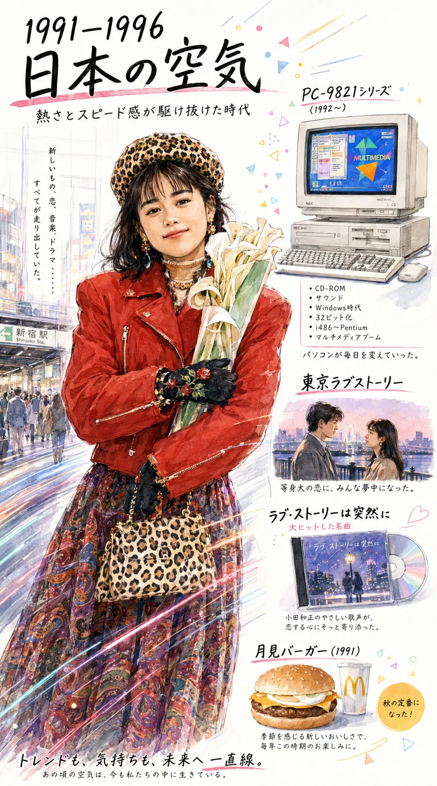 牧瀬里穂、PC-9821、東京ラブストーリー、月見バーガーで1990年代前半の日本を描いたイラスト
