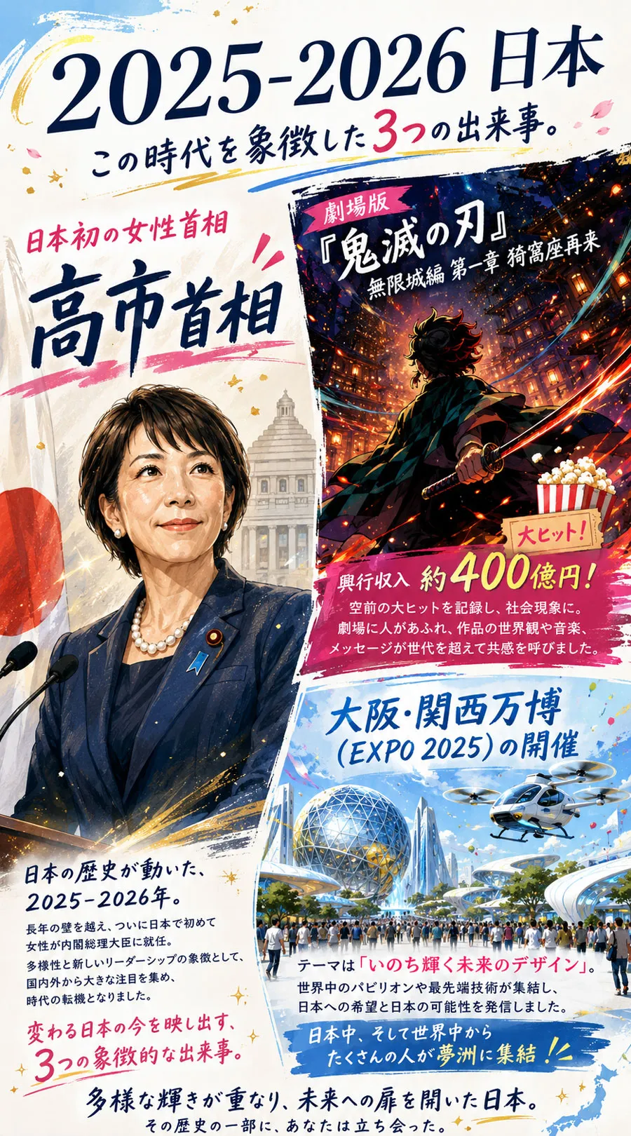 高市首相、劇場版鬼滅の刃無限城編、大阪・関西万博で2025年から2026年の日本を表現したイラスト