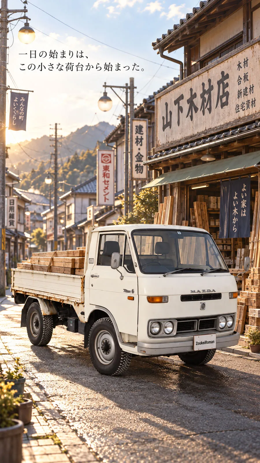 朝の木材店の前で材木を積んだ1974年式マツダ タイタンライト