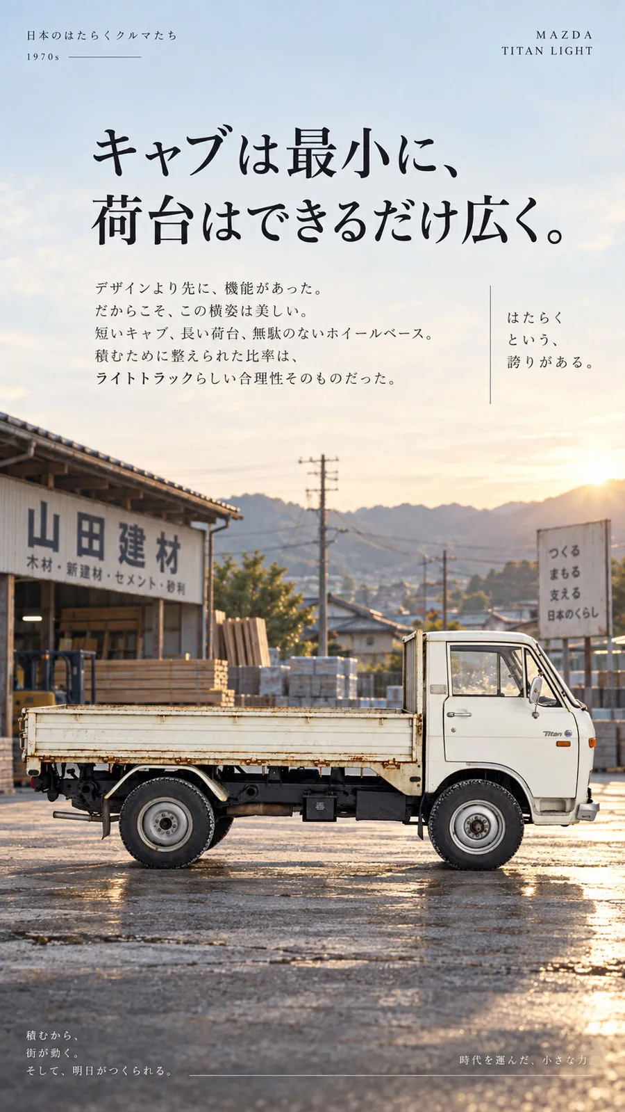 側面から見た1974年式マツダ タイタンライト。短いキャブと長い荷台が分かる横姿