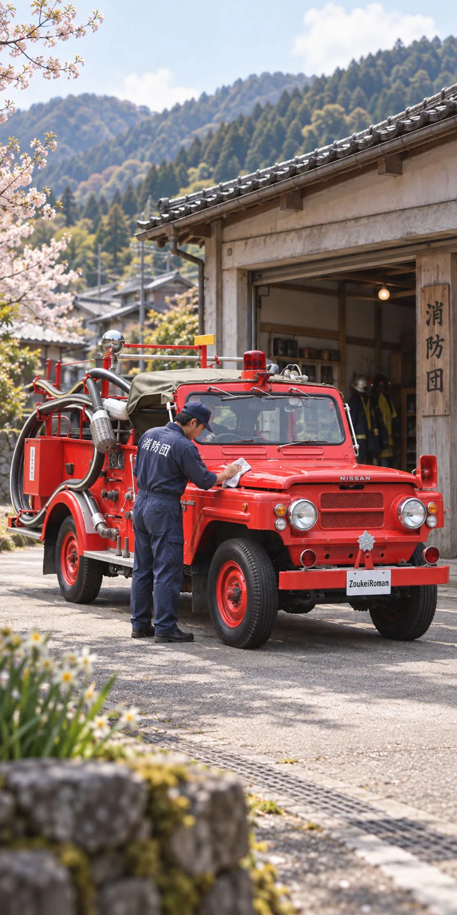 消防車を磨くこともまた、町を守る仕事のひとつだった。