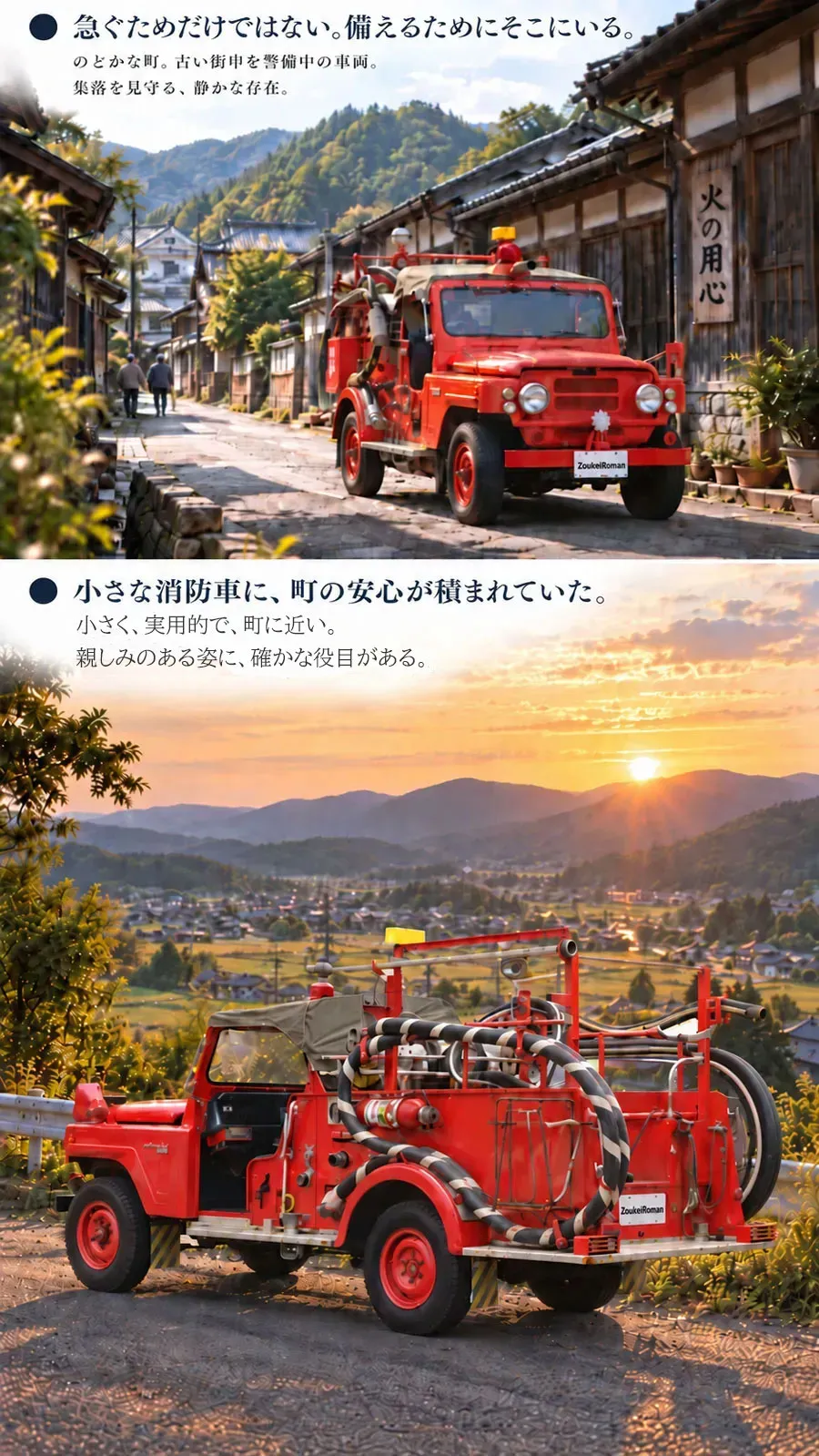 その風景の中に、一台の赤い消防車がいる