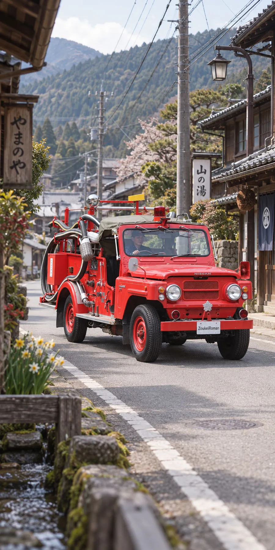 細い道をゆっくりと進むパトロール消防車