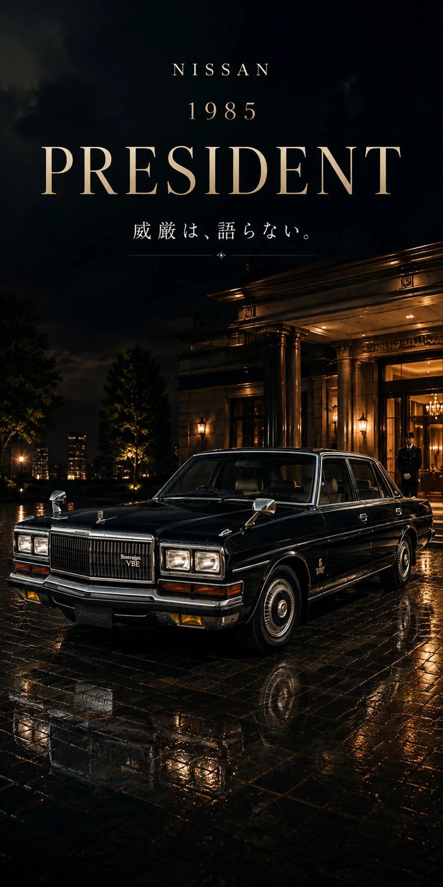 1985年 日産プレジデント ソブリンV8E VIP 夜の高級ホテル前に停車する黒い車体