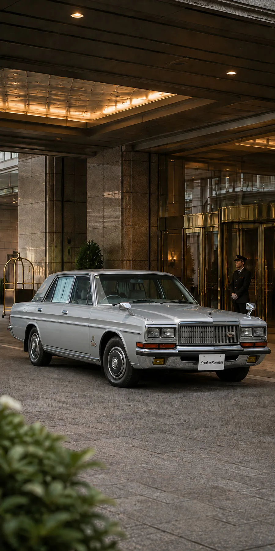 高級ホテルのエントランスで乗客を待つ1985年 日産プレジデント