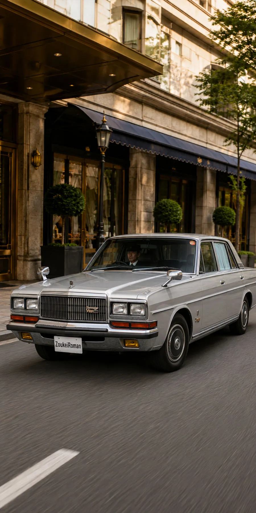 ホテル街を走行する1985年 日産プレジデント シルバーのショーファーカー