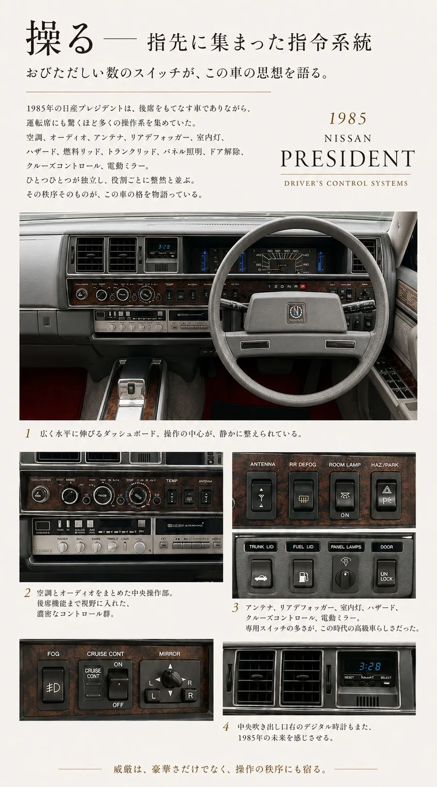 1985年 日産プレジデント運転席に並ぶ多数のスイッチとコントロール類