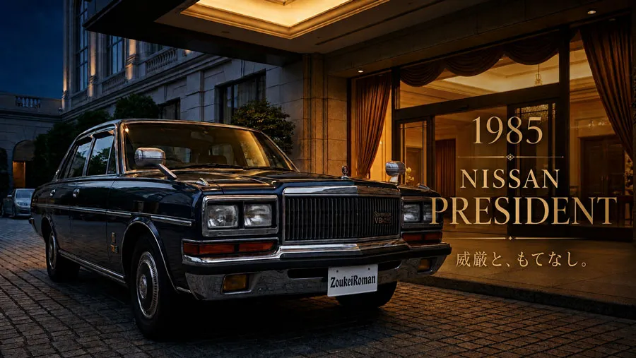 1985年 日産プレジデント ソブリンV8E VIP 高級ホテル前に佇む黒い車体